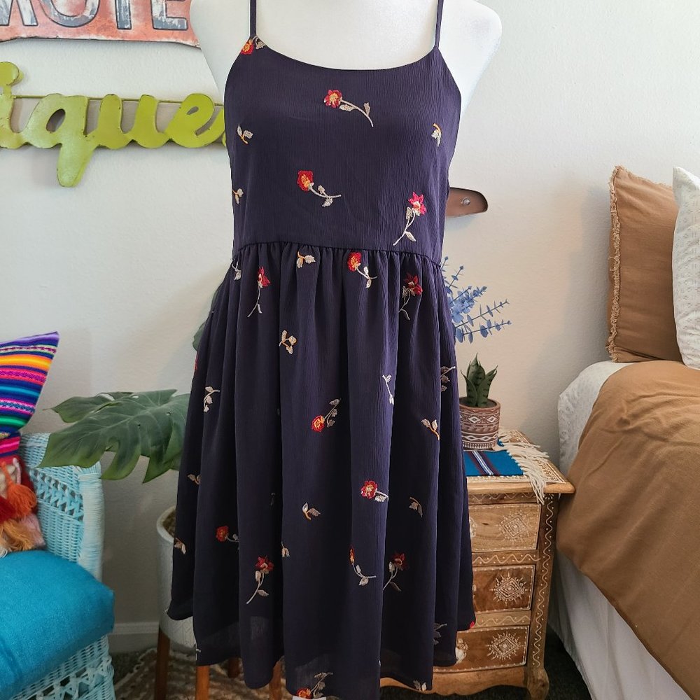 Madewell Navy Floral Embroidered Midi Dress
